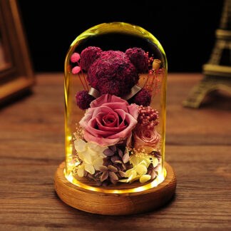 Valentines Gift Cross-border Immortal Moss Bear  Dried Flower Rose Glass Cover